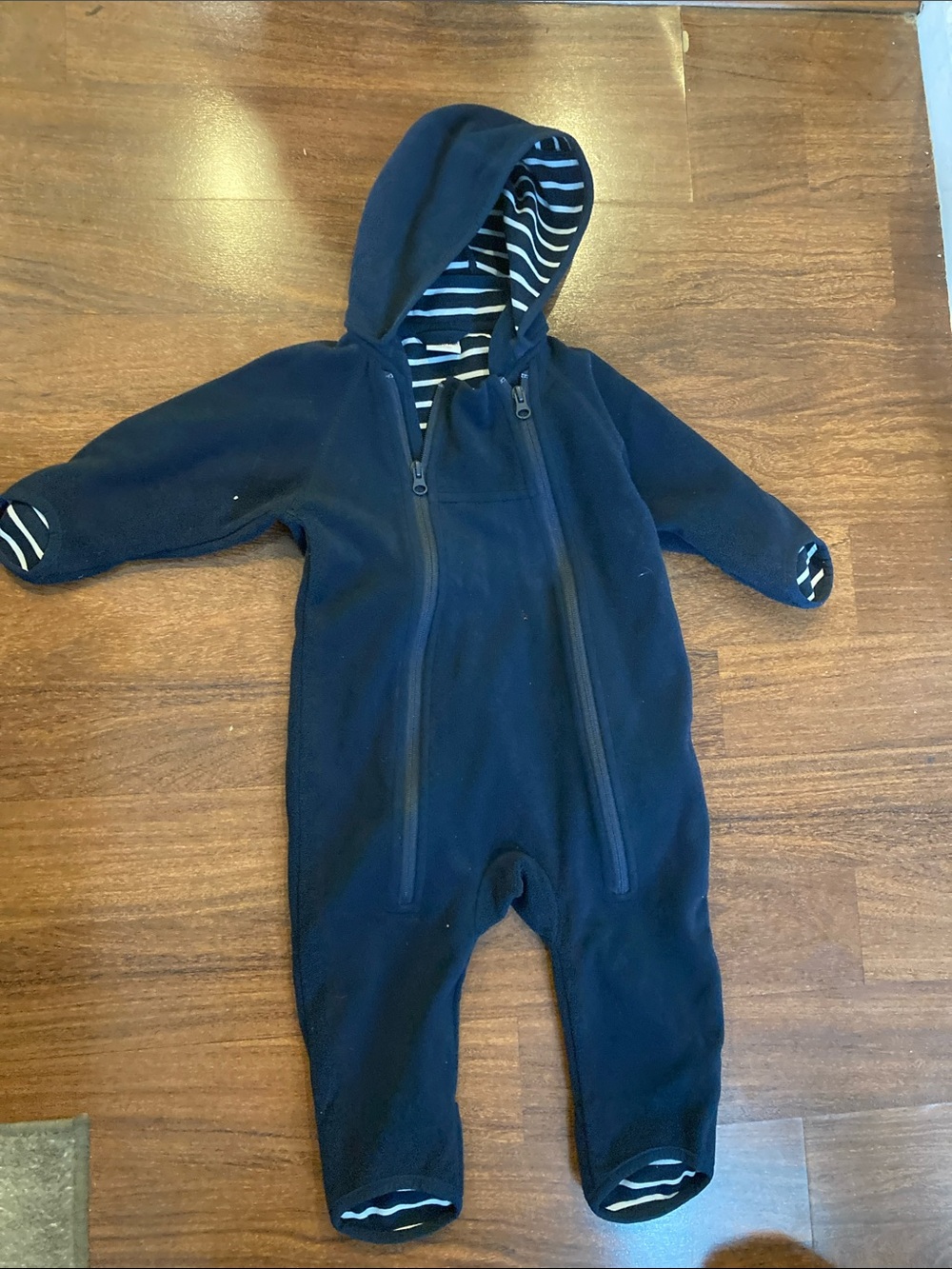 Polarn O. Pyret Navy Hooded Fleece One-Piece with Striped Lining